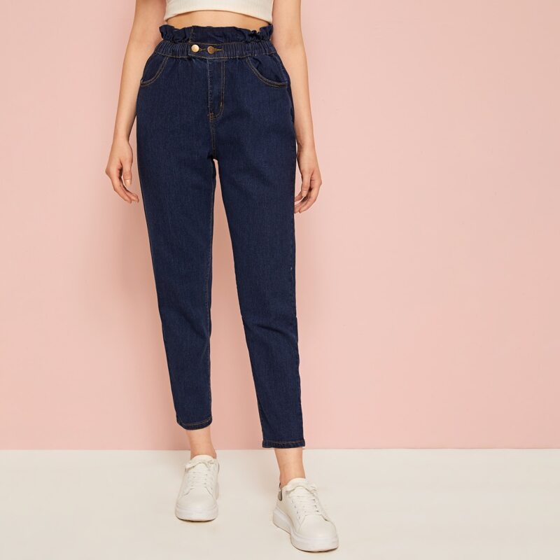 

Dark Wash Paperbag Waist Cigarette Jeans, Navy