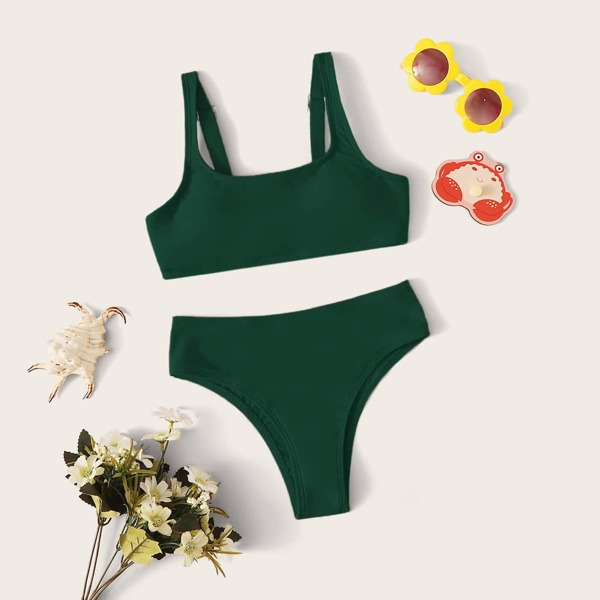 

Girls Adjustable Strap High Waisted Bikini Swimsuit, Green