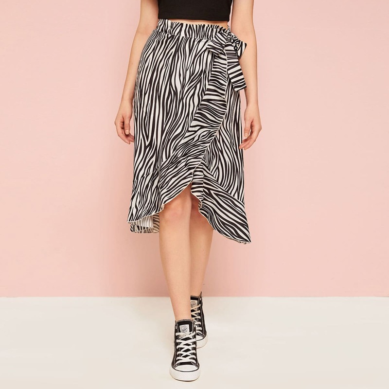 

Ruffle Hem Wrap Knot Zebra Stripe Skirt, Black and white