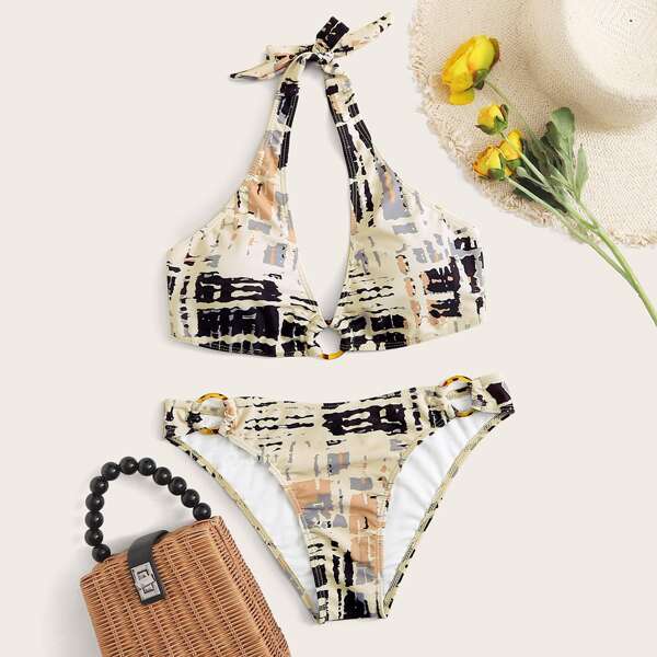 

Graphic Ring Linked Halter Bikini Swimsuit, Multicolor
