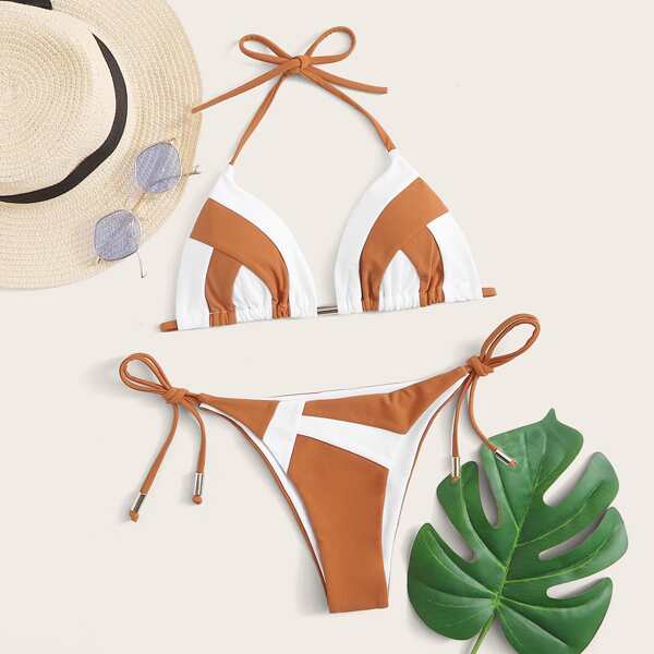 

Two Tone Triangle Tie Side Bikini Swimsuit, Multicolor