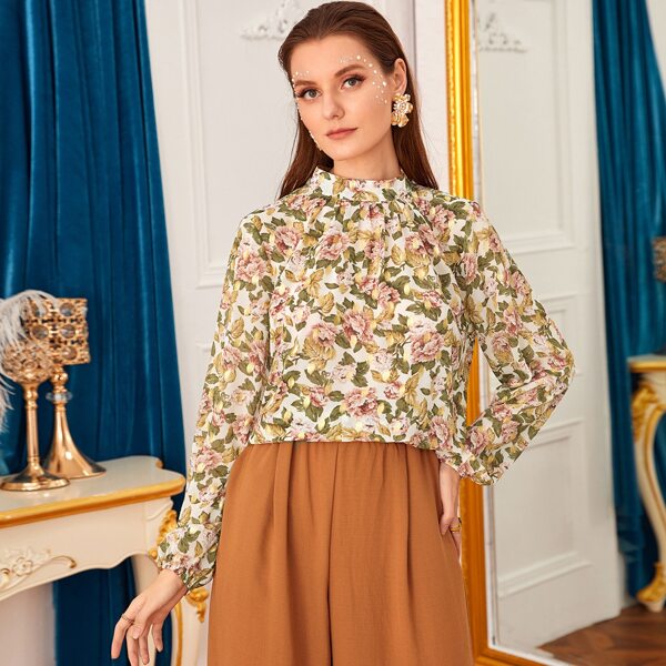 

Floral Print Keyhole Back Blouse, Multicolor
