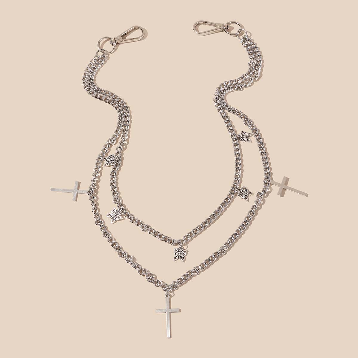 

1pc Cross & Butterfly Layered Waist Chain, Silver