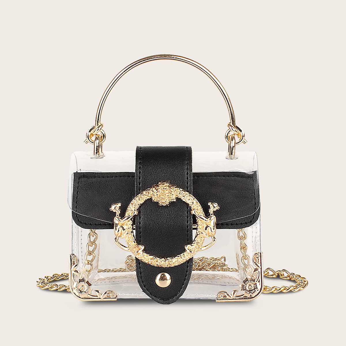 

Mini Metal Decor Chain Satchel Bag, Black
