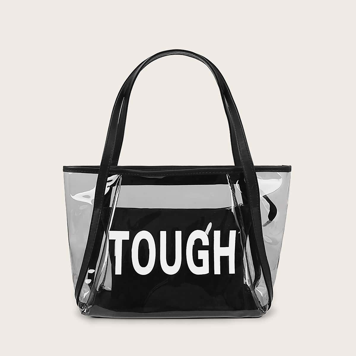

Clear Letter Graphic Tote Bag With Inner Pouch, Black