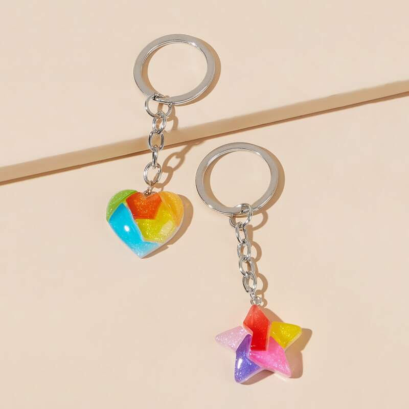 

2pcs Star & Heart Keychain, Multicolor