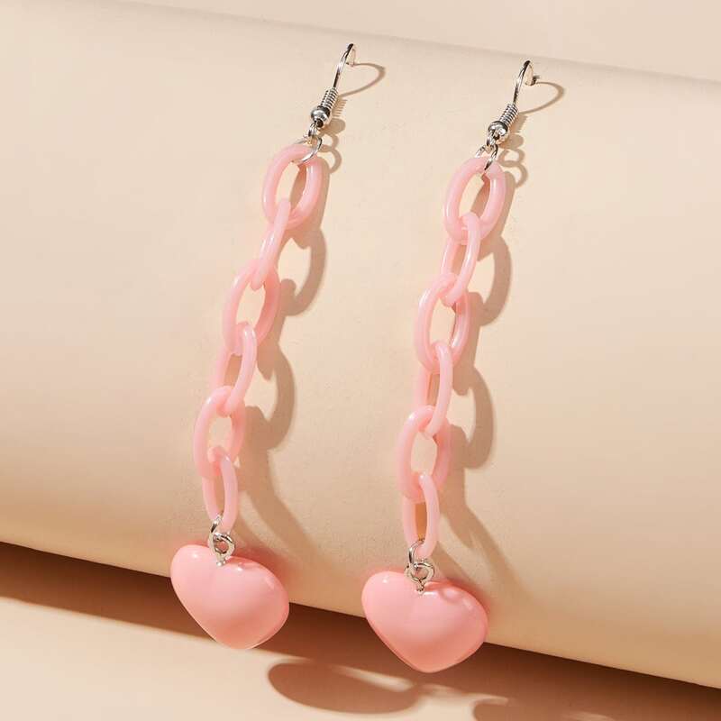 

1pair Heart Chain Drop Earrings, Pink