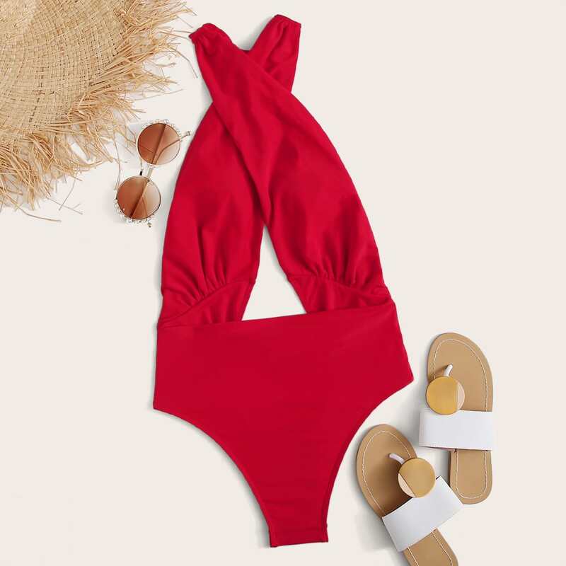 

Criss Cross Front One Piece Swimsuit, Red