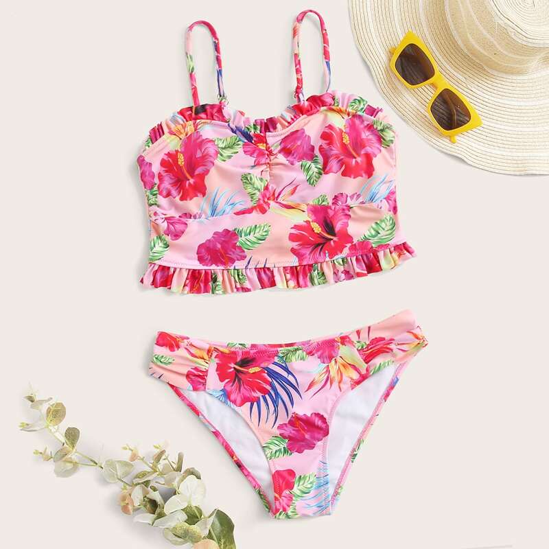 

Floral Frill Trim Bikini Swimsuit, Multicolor