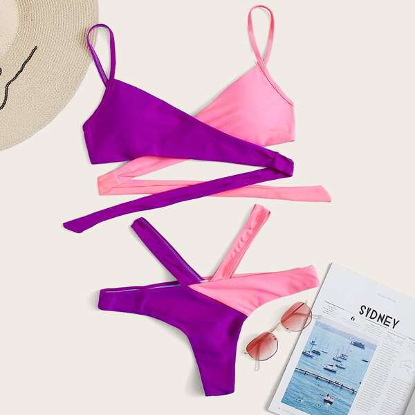 

Two Tone Wrap Bikini Swimsuit, Multicolor
