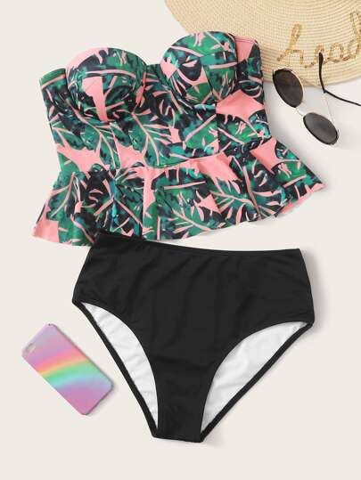 Tropical Ruffle Hem Underwire Bandeau Bikini Swimsuit