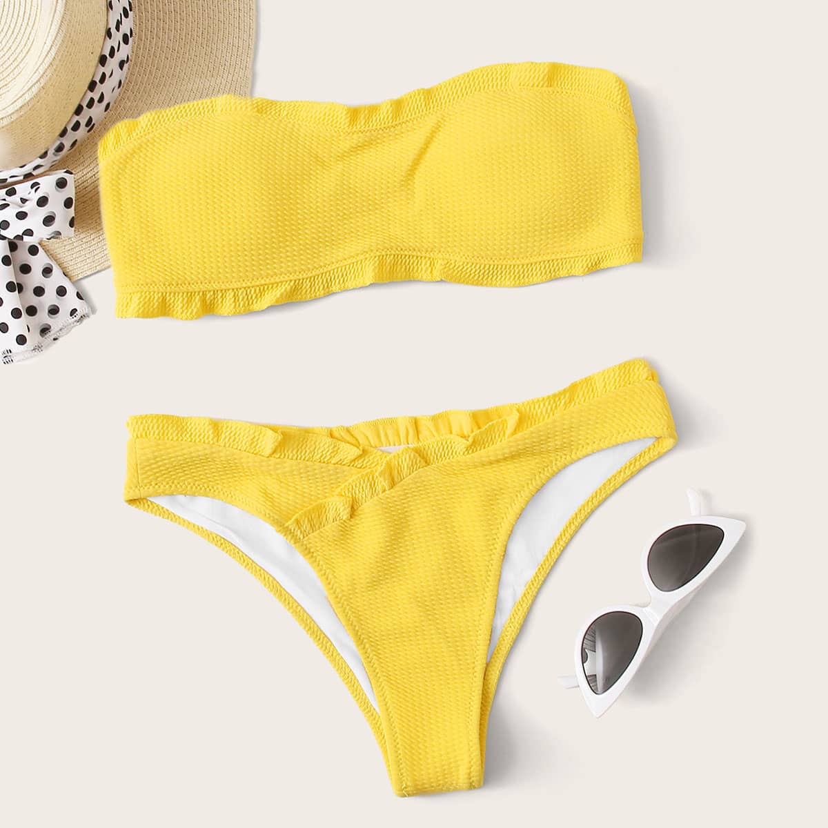 

Textured Frill Trim Bandeau Bikini Swimsuit, Yellow