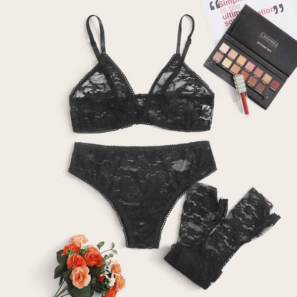 

Floral Lace Lingerie Set With 1pair Oversleeve, Black