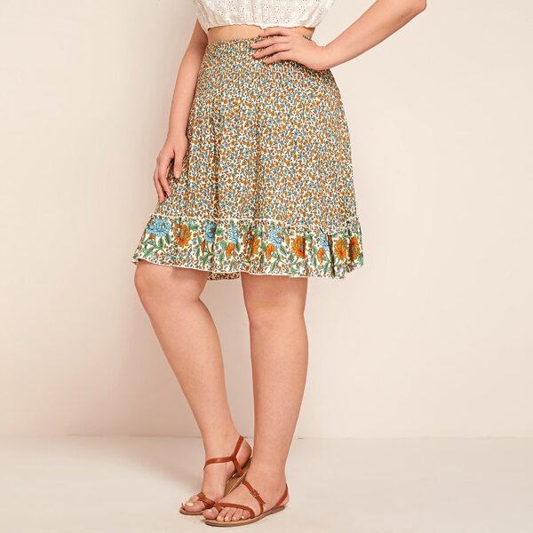 

Plus Frill Shirred Waist Ruffle Hem Belted Floral Skirt, Multicolor