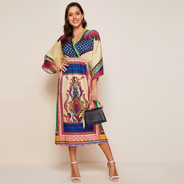 

Платье с эластичной талией и племенным принтом, Многоцветный