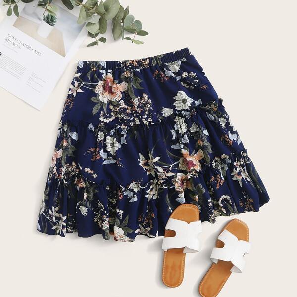 

Floral Print Ruffle Hem Skirt, Navy