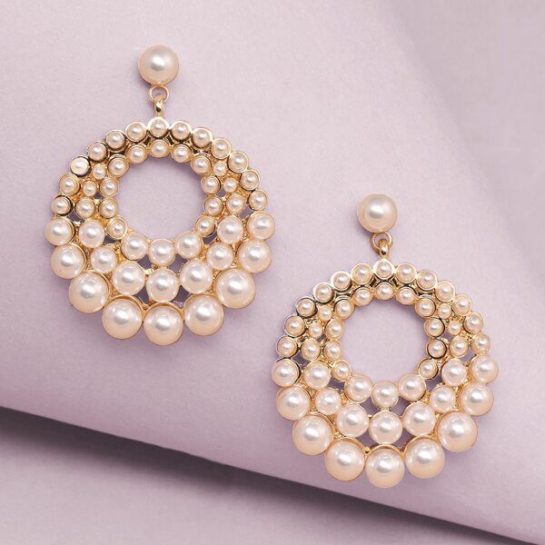 

1pair Layered Pearl Hoop Earrings, Beige