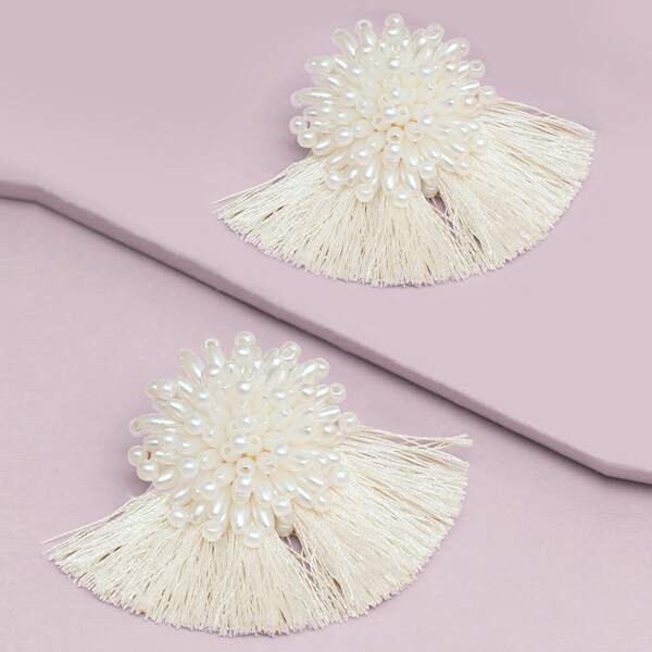 

1pair Pearl Cluster Fringe Fan Earrings, White