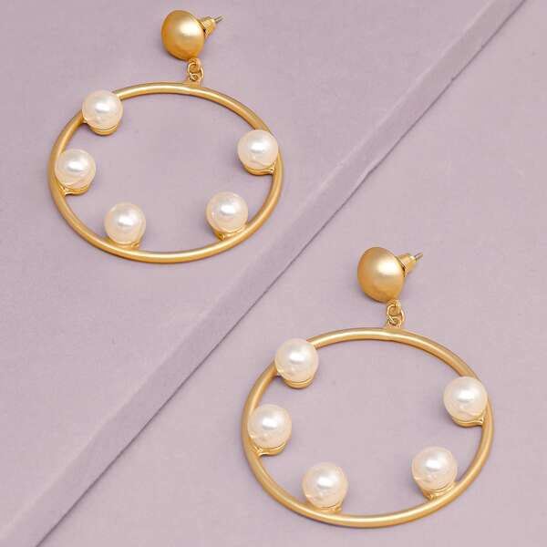 

1pair Pearl Detail Medium Hoop Earrings, Gold