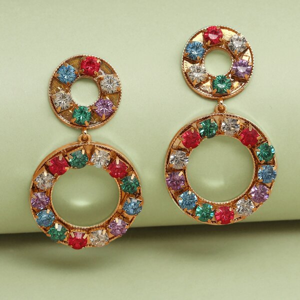 

1pair Multi Colored Stone Double Circle Earrings, Multicolor