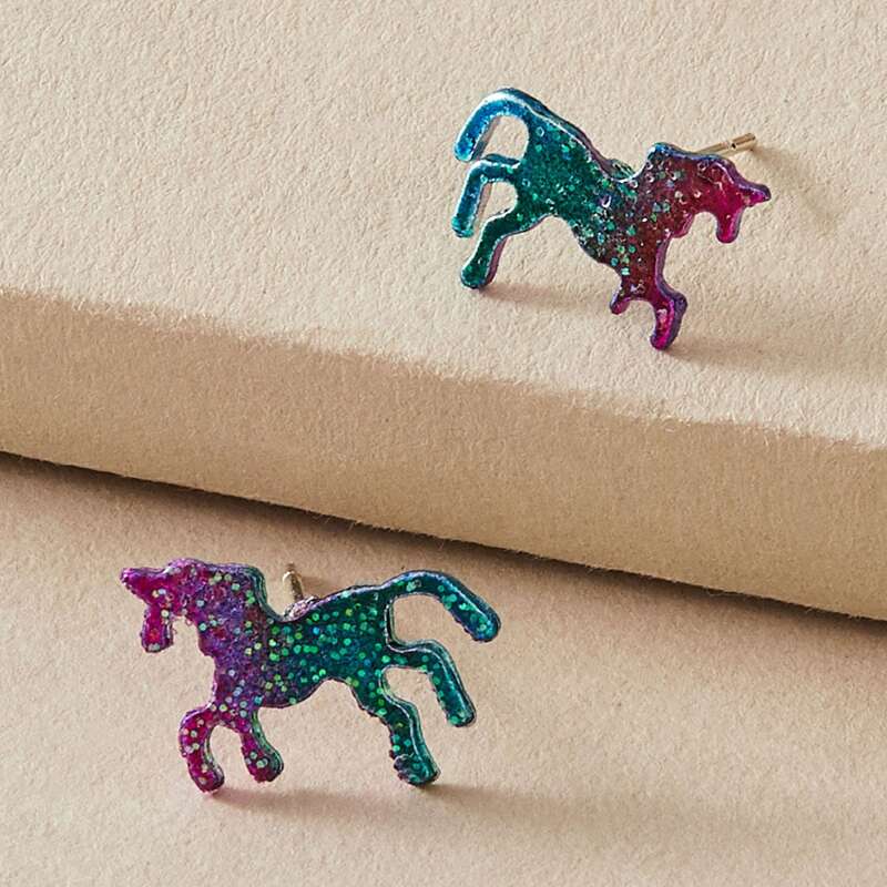 

1pair Color Block Unicorn Shaped Earrings, Multicolor