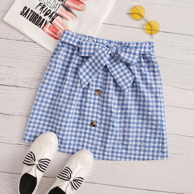 

Button Front Belted Gingham Skirt, Blue