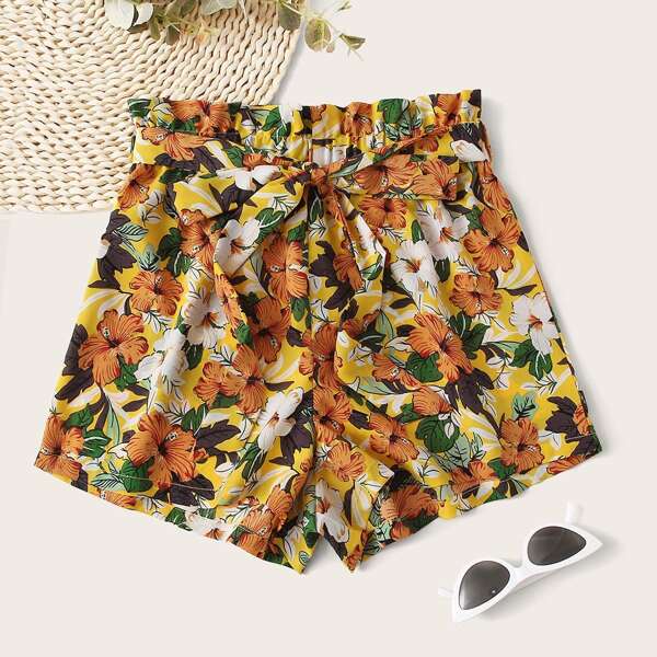 

Шорты с цветочным принтом и поясом, Многоцветный