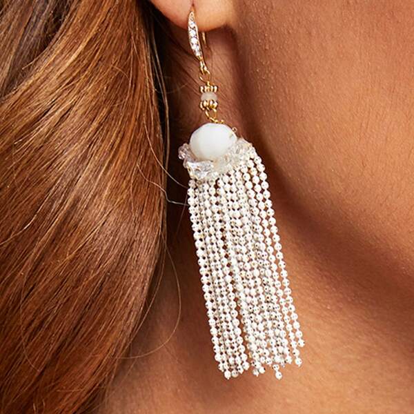 

1pair Rhinestone Engraved Tassel Drop Earrings, White