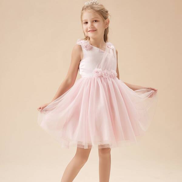 

Girls Bow Back Pearl 3D Appliques Tulle Party Dress, Pink pastel