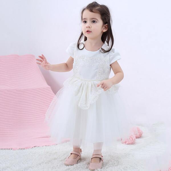 

Toddler Girls Tie Back Appliques Detail Tulle Party Dress, White