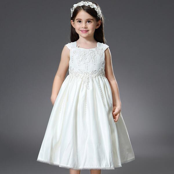 

Girls Tie Back Pearl Beaded Appliques Satin Party Dress, White