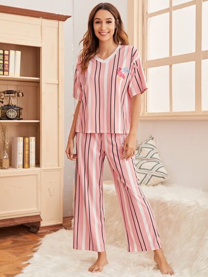 條紋和火烈鳥圖案v領睡衣套裝