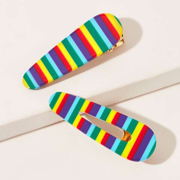 

2pcs Rainbow Striped Hair Clip, Multicolor