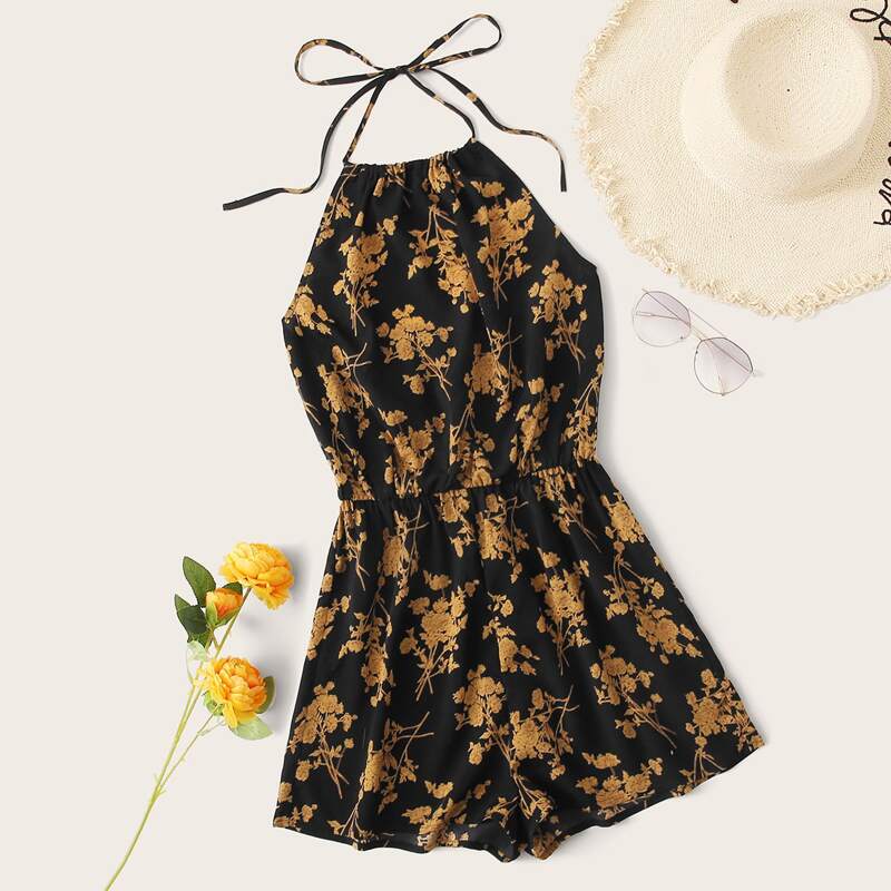 

Tie Back Floral Halter Romper, Multicolor