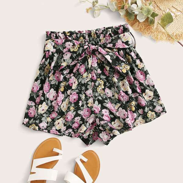 

Paperbag Waist Belted Floral Print Shorts, Multicolor