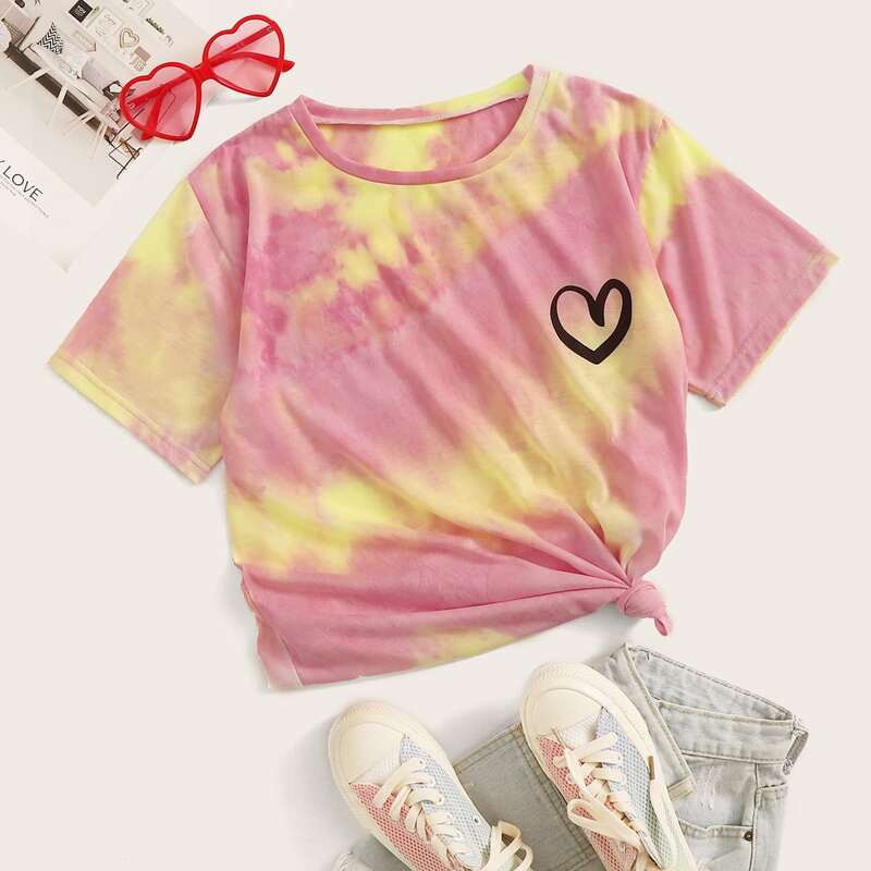 

Tie Dye Heart Print Tee, Multicolor
