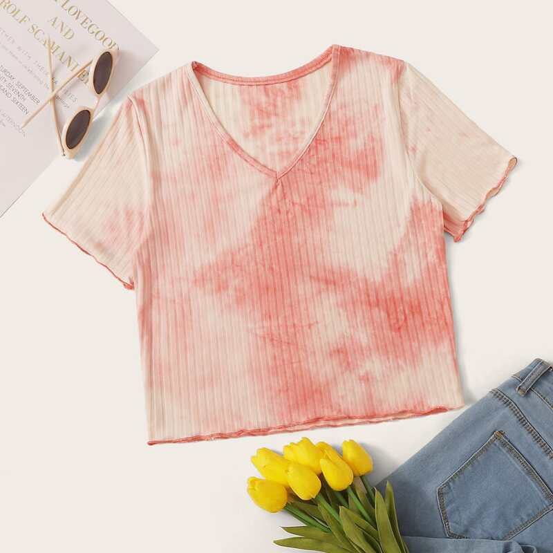 

V-neck Lettuce Trim Tie Dye Tee, Multicolor
