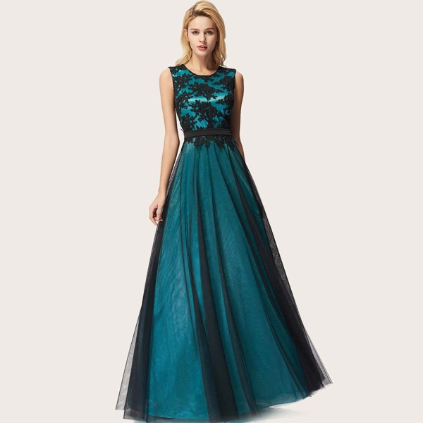 

Embroidered Bodice Mesh Maxi Prom Dress, Green