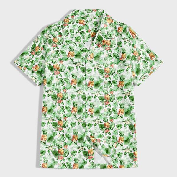 

Men Pineapple & Tropical Print Button Front Shirt, Multicolor