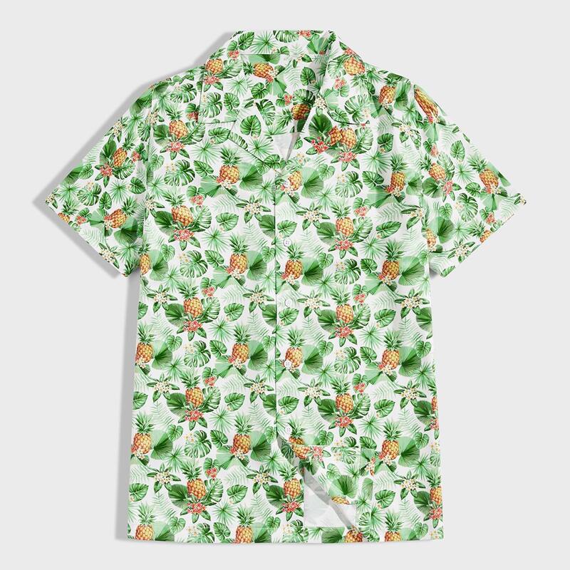 

Guys Pineapple & Tropical Print Button Front Shirt, Multicolor