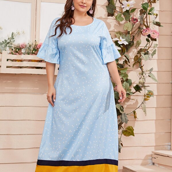 

Plus Polka Dot Contrast Panel Maxi Dress, Blue