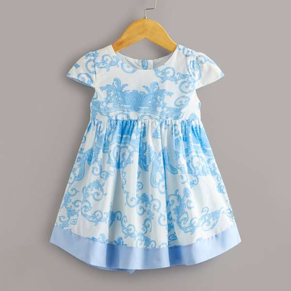 

Toddler Girls Scroll Print Contrast Hem A-line Dress, Blue