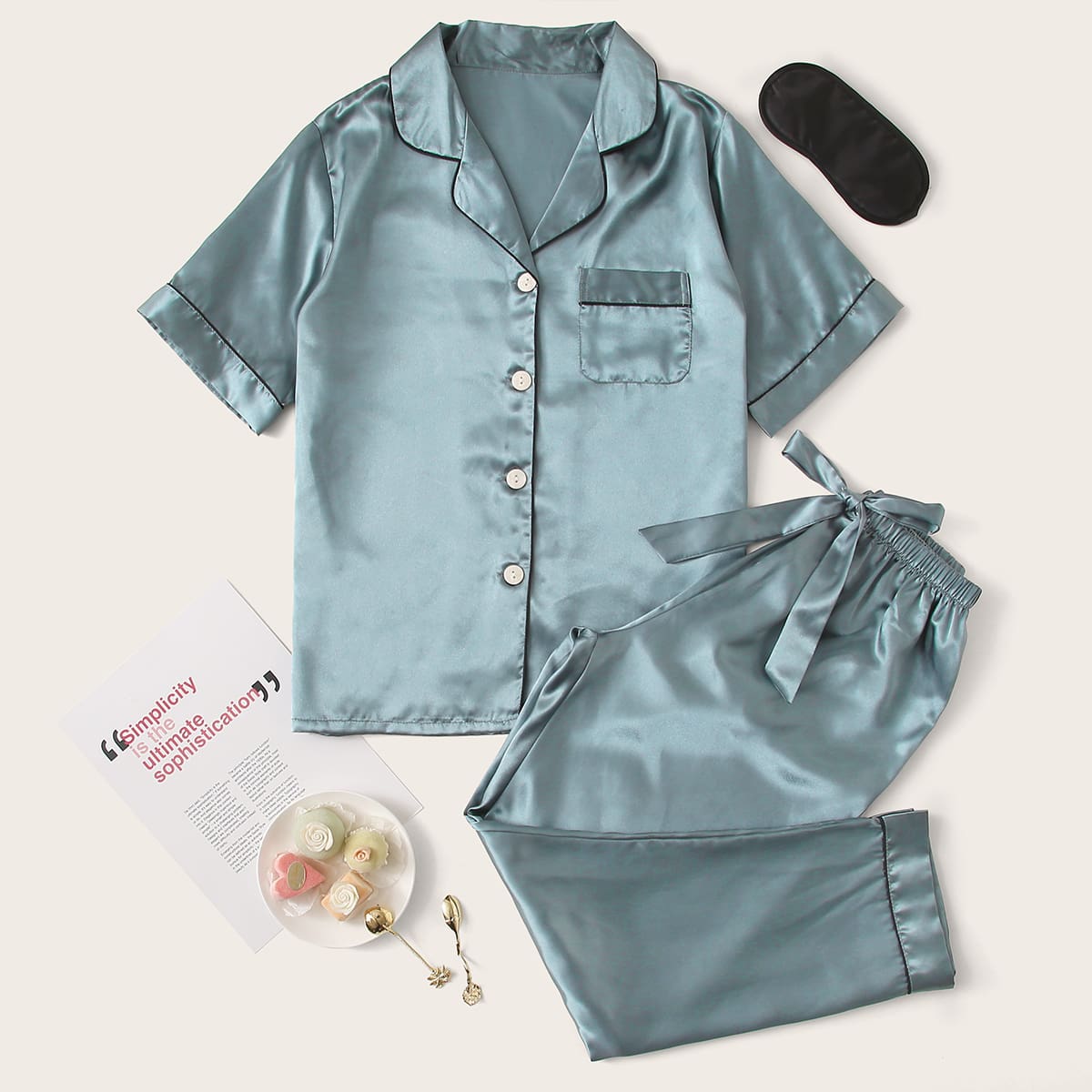 

Solid Button Front Pocket Satin PJ Set & Eye Cover, Blue