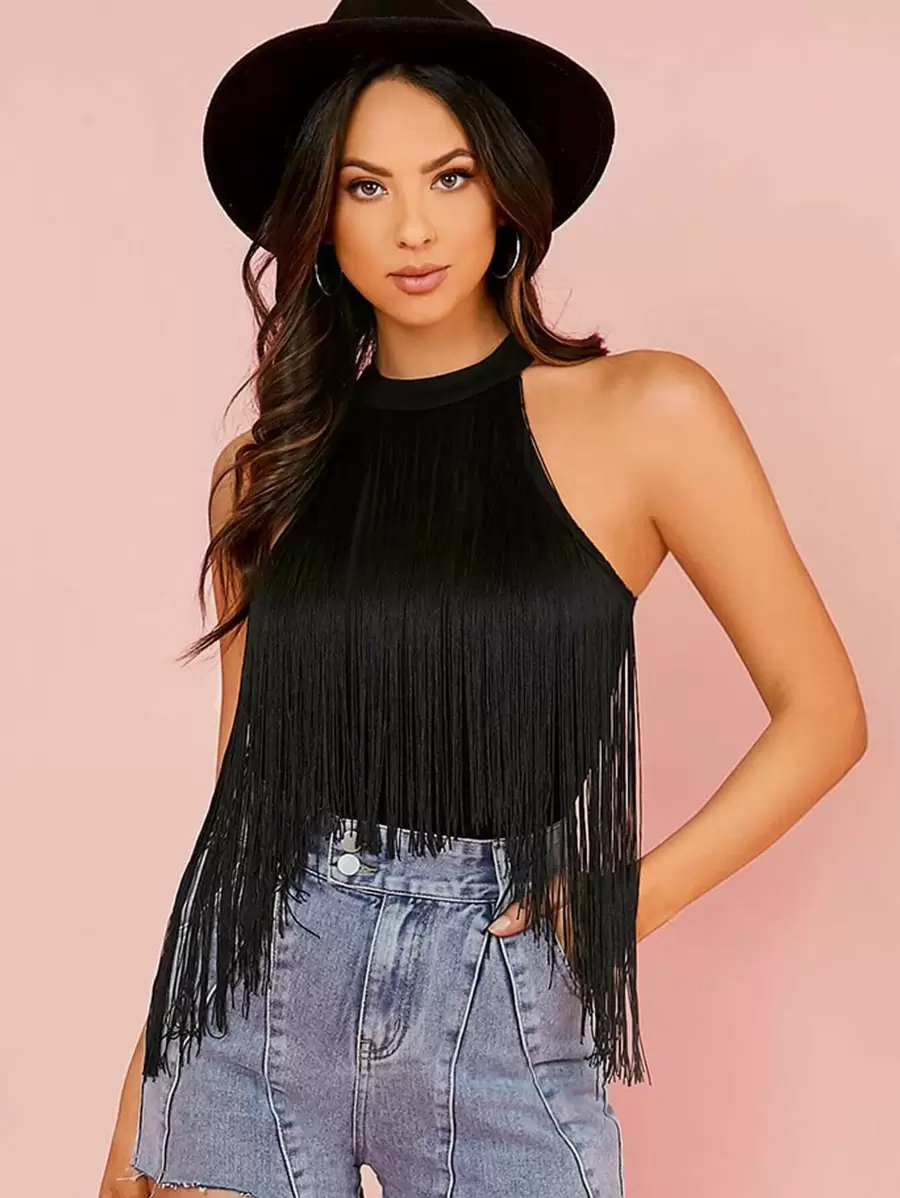 SHEIN VCAY Fringe Detail Halter Bodysuit - Black - View 1