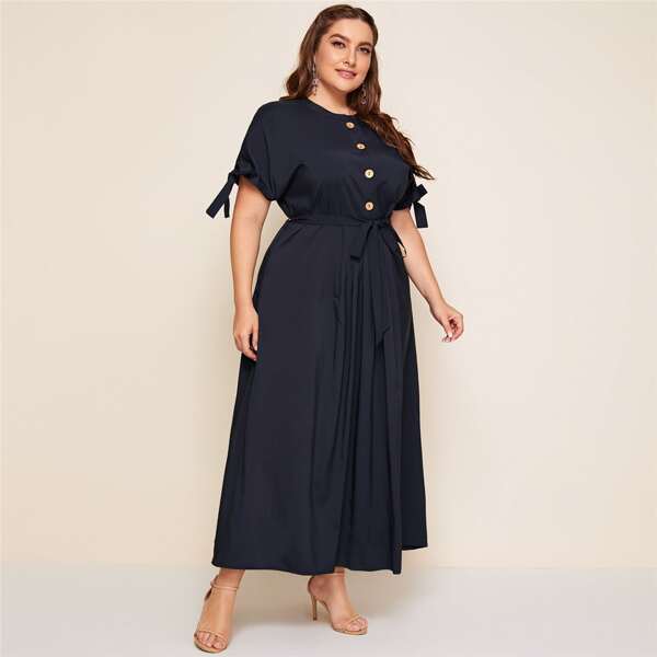 

Plus Knotted Cuff Half Button Belted Dress, Navy blue