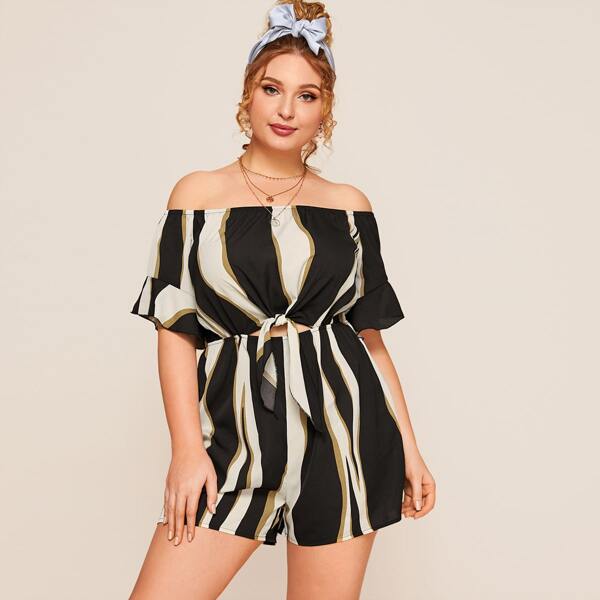 

Plus Bardot Color-Block Knotted Peekaboo Romper, Black