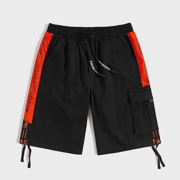 

Men Tape Side Flap Pocket Cargo Shorts, Black