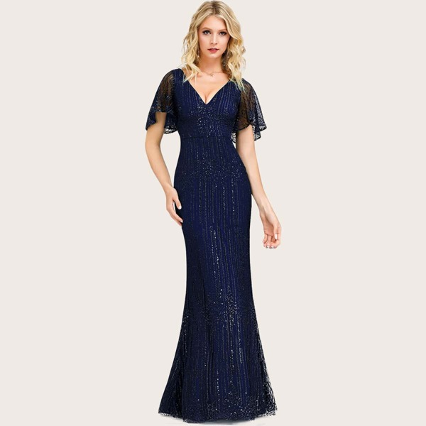 

Glitter Mesh Fishtail Formal Dress, Navy blue