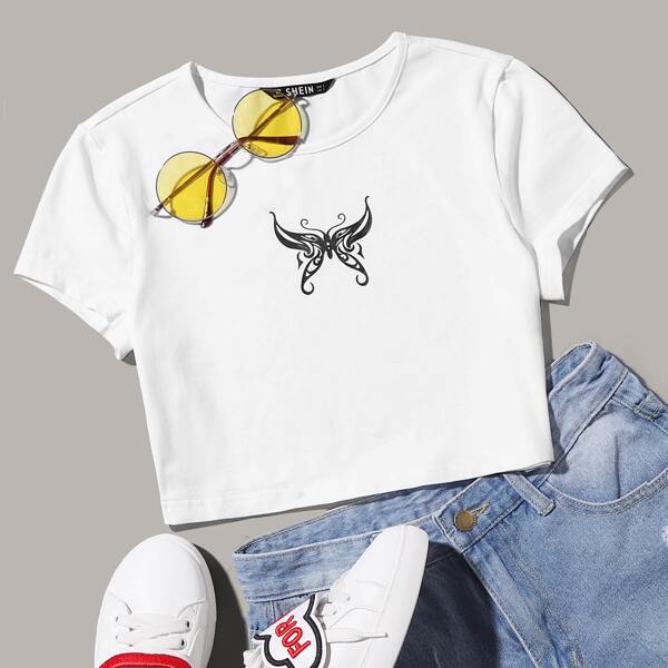 

Cap Sleeve Butterfly Print Crop Top, White