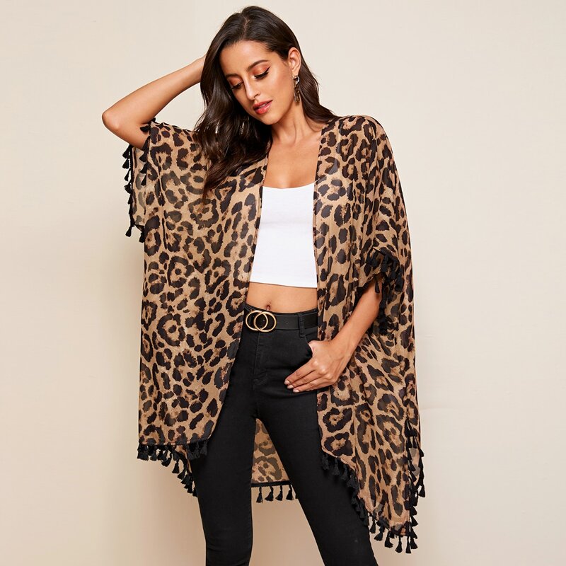 

Tassel Trim Split Side Leopard Kimono, Multicolor